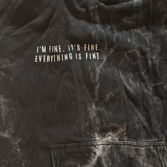 Womens Acid Wash Died Black & Gray Hoodie Medium - “Everything Is Fine” LIKE NEW - Picture 2 of 4